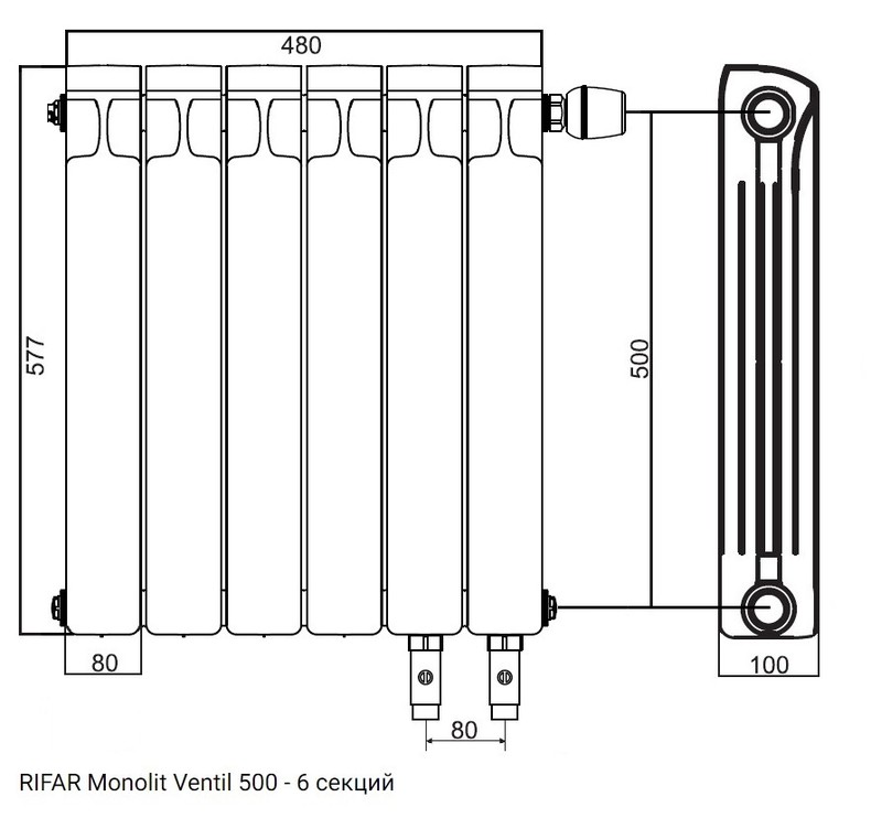 Радиатор монолитный биметаллический RIFAR Monolit Ventil 500 - 6 секций нижнее правое подключение