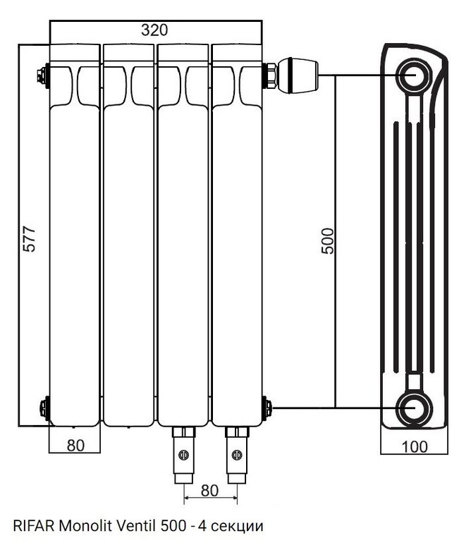Радиатор монолитный биметаллический RIFAR Monolit Ventil 500 - 4 секции нижнее левое подключение
