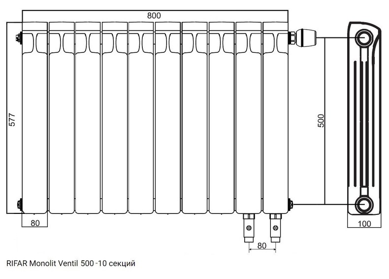 Радиатор монолитный биметаллический RIFAR Monolit Ventil 500 - 10 секций нижнее правое подключение