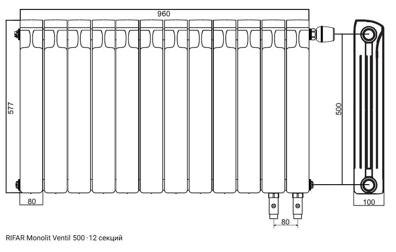 Радиатор монолитный биметаллический RIFAR Monolit Ventil 500 - 12 секций нижнее левое подключение