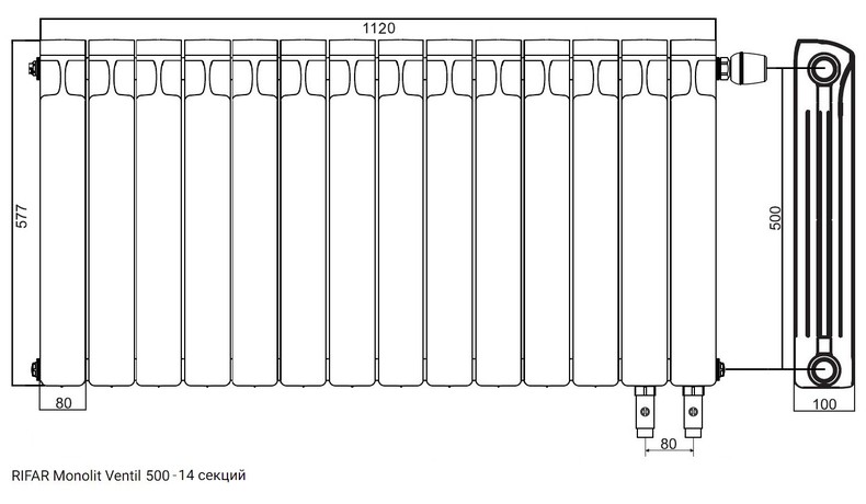 Радиатор монолитный биметаллический RIFAR Monolit Ventil 500 - 14 секций нижнее левое подключение