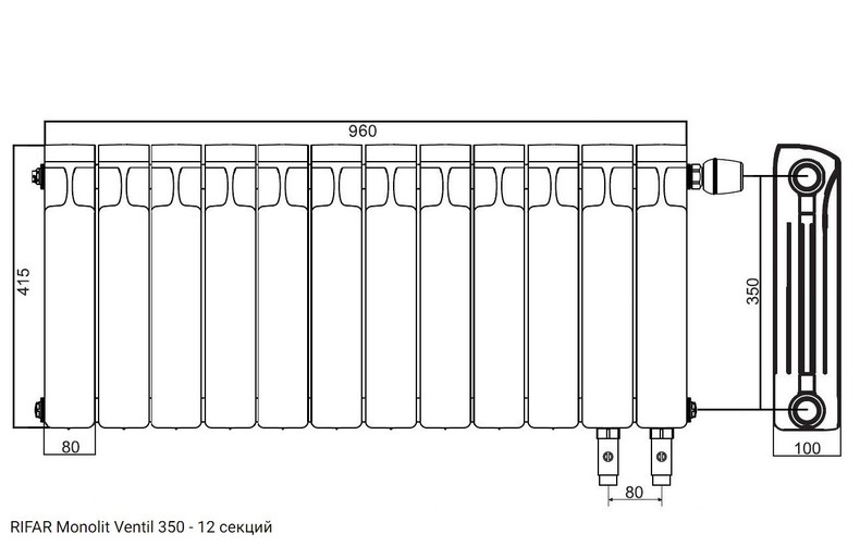 Радиатор монолитный биметаллический RIFAR Monolit Ventil 350 - 12 секций нижнее правое подключение