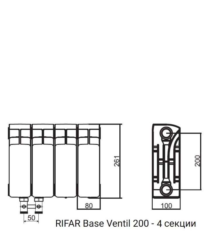 Радиатор биметаллический RIFAR Base Ventil 200 - 4 секции нижнее левое подключение