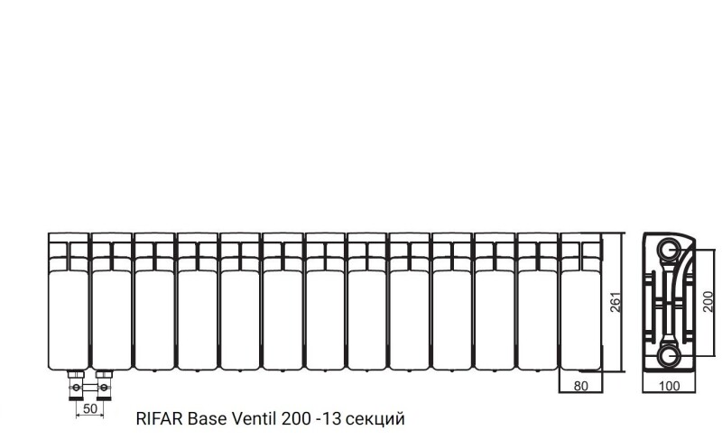 Радиатор биметаллический RIFAR Base Ventil 200 - 13 секций нижнее левое подключение