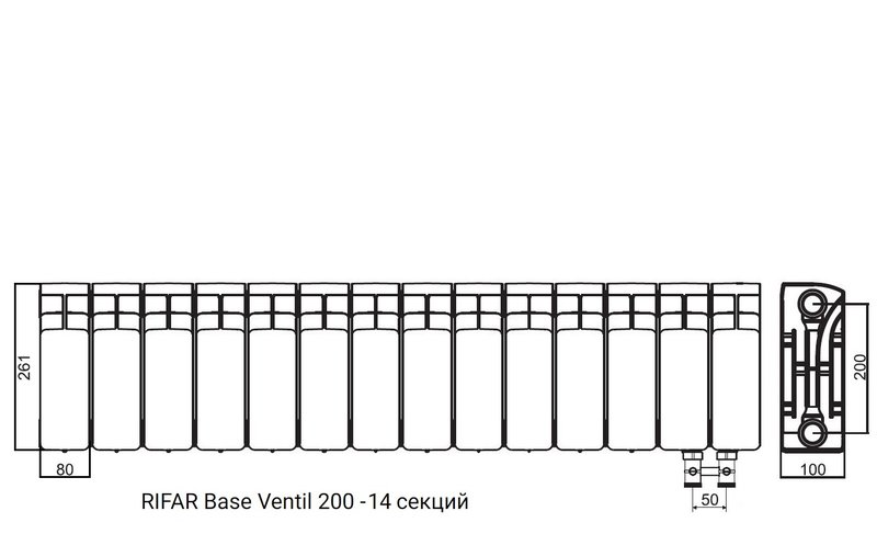 Радиатор биметаллический RIFAR Base Ventil 200 - 14 секций нижнее правое подключение